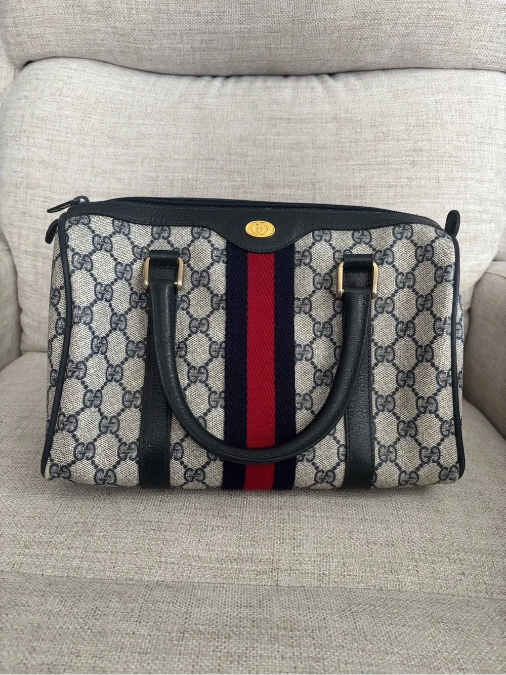Gucci Beige GG Canvas Boston Bag with Sherry Line Navy